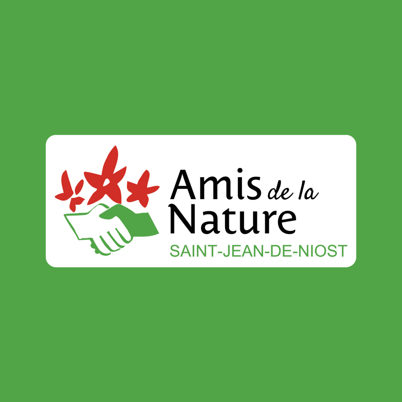 Logo de l'association "Amis de la Nature" avec des mains et des fleurs sur fond vert.